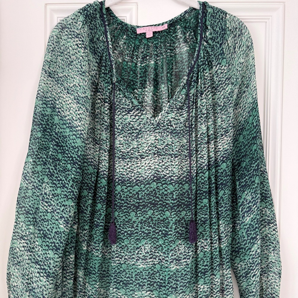 Calypso St. Barths blue and green peasant blouse, Size XS